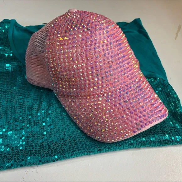 Sparkly Pink Rhinestone Bedazzled Beaded Baseball Hat Cap - Picture 4 of 9